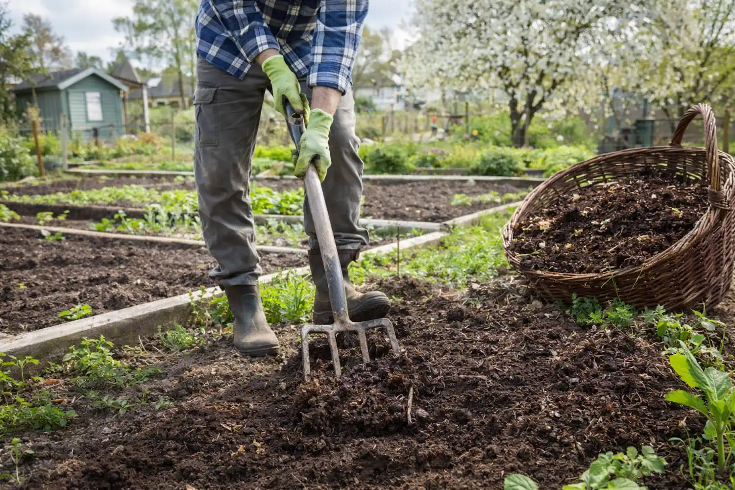 Boden im Frühjahr im Kleingarten lockern und mit Kompost vorbereiten