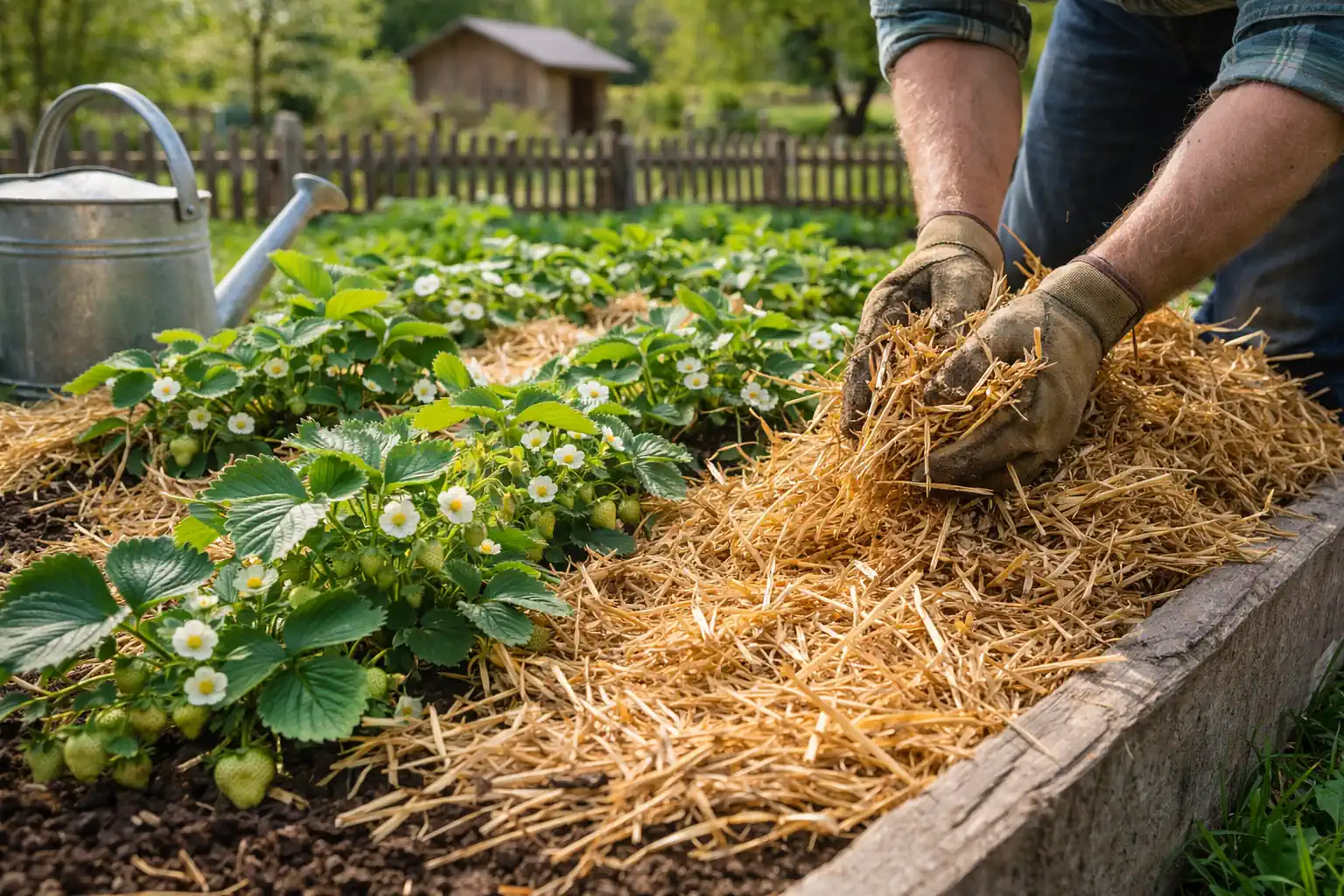 Gärtner verteilt Stroh als Mulch um Erdbeerpflanzen im Kleingarten im Frühling