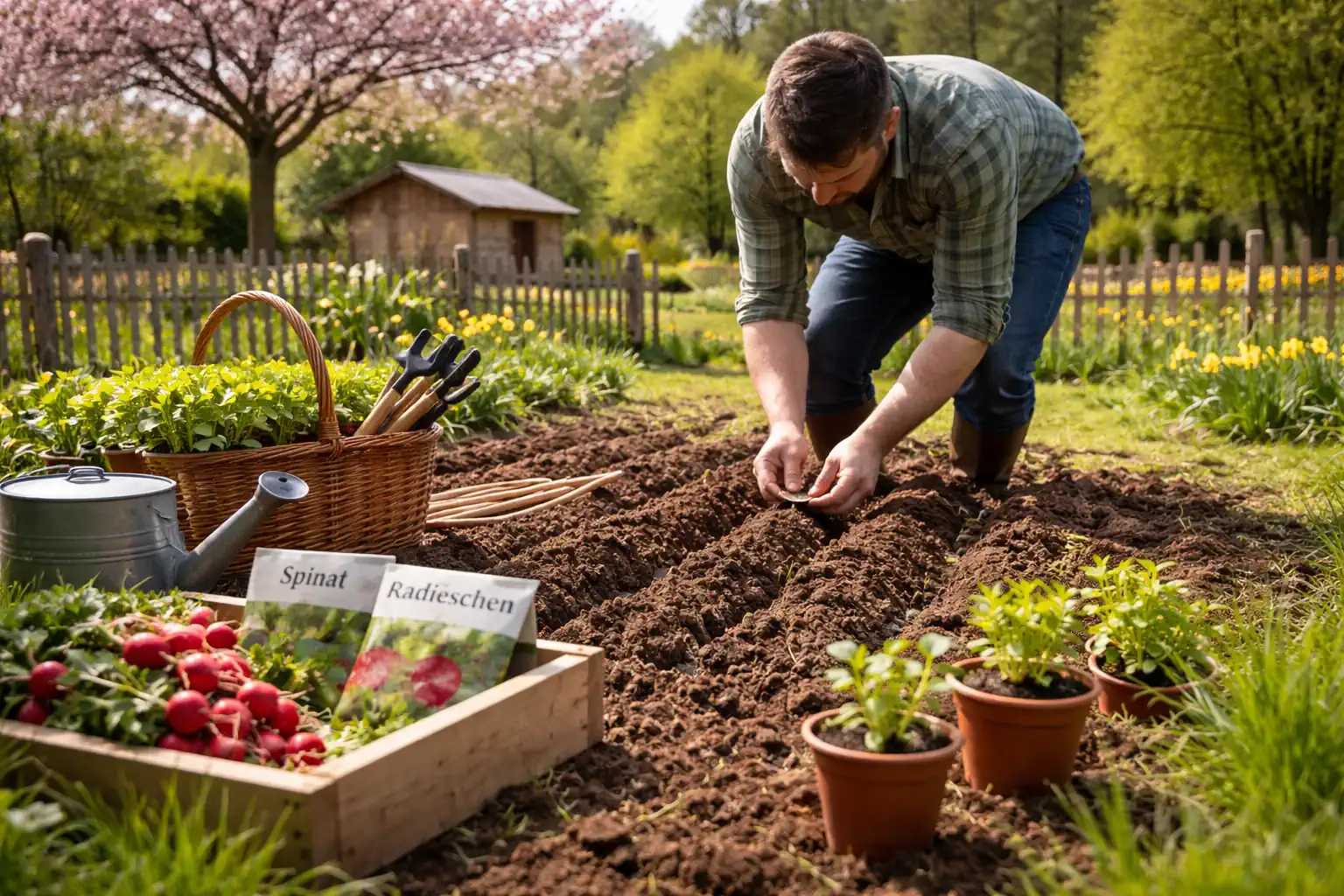 Gärtner sät Spinat und Radieschen in vorbereitete Beete im Kleingarten im Frühling