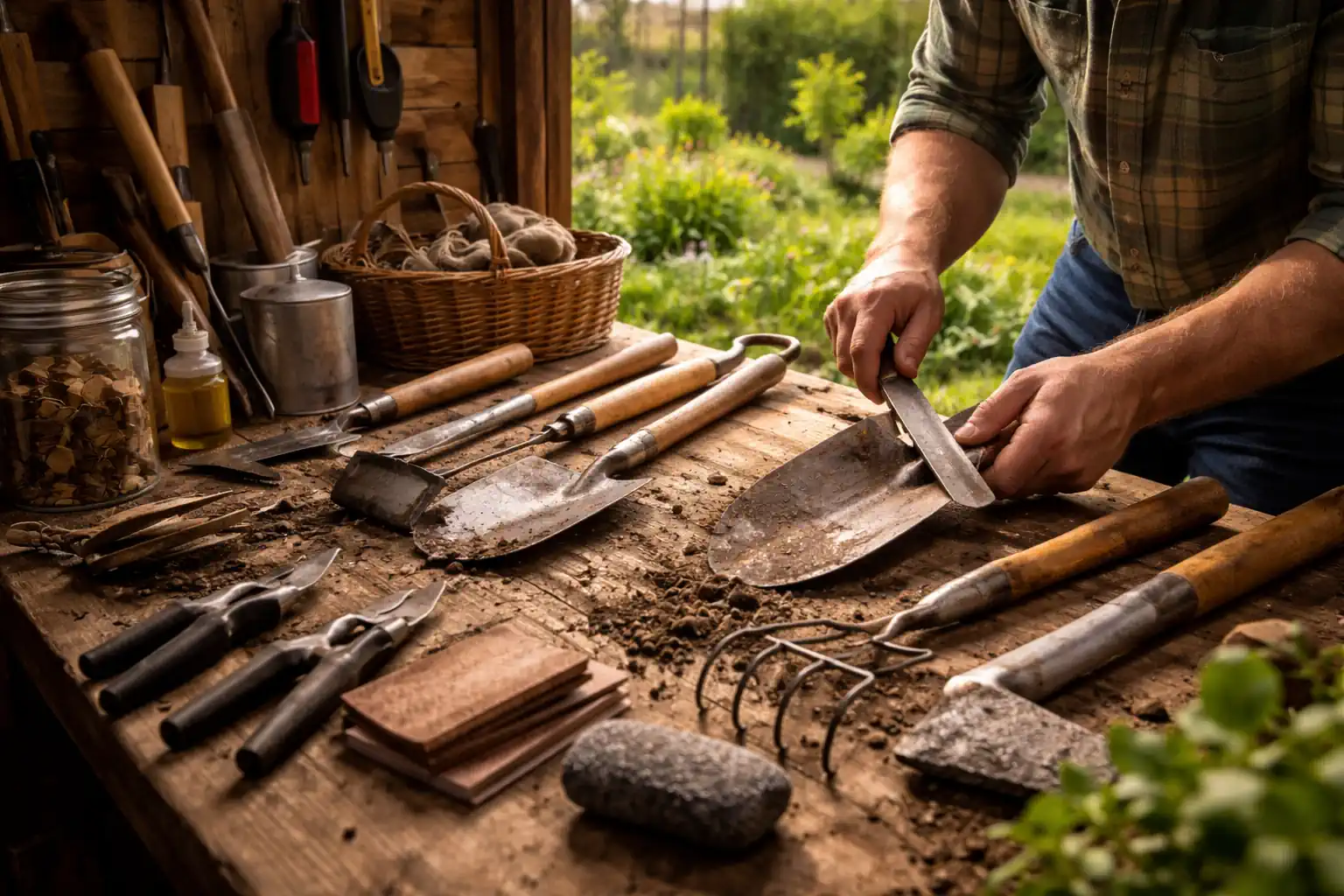 Gärtner überprüft und schärft Gartengeräte im Schuppen im Frühjahr