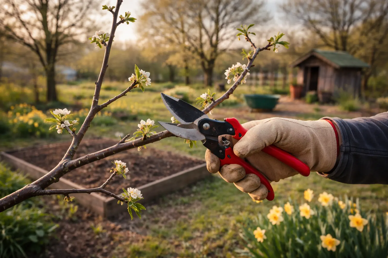 Obstbaum im Frühjahr im Kleingarten schneiden mit Gartenschere
